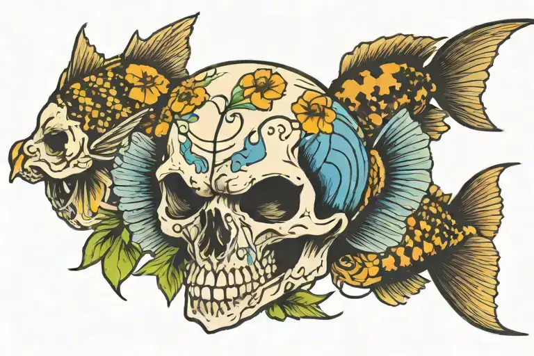 skull and bluegill fish tattoo design idea