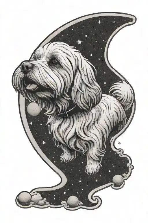 White havanese dog floating in space with the full moon in the background tattoo design idea