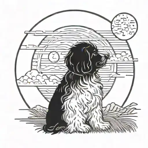 The silhouette of an account manager gazing up at the full moon with a white havanese dog by their side tattoo design idea