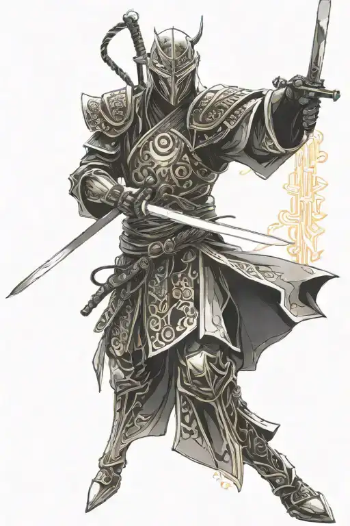 A futuristic cyborg samurai with intricate circuitry patterns on its armor, wielding a glowing sword in a high-tech dojo setting tattoo design idea