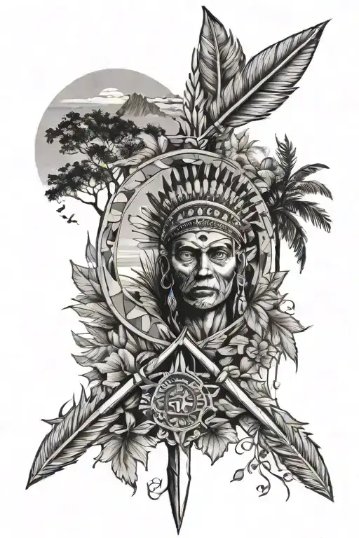 Indian spear with nature scene tattoo design idea
