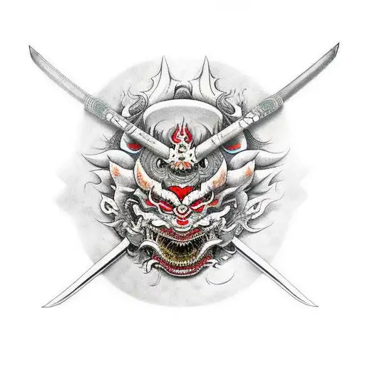 hannya mask with broken jaw, a katana apears under the mask and 2 dragons fly downwards tattoo design idea