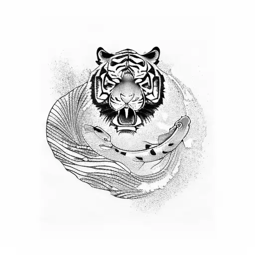 tiger , koi and japanese waves tattoo design idea