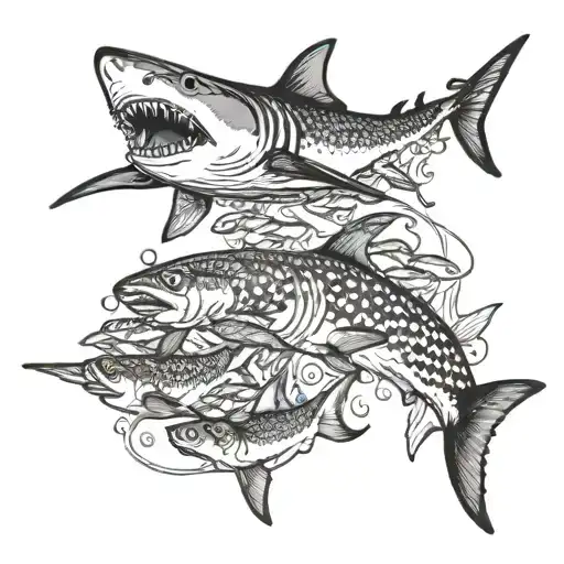 A detailed blackwork tattoo of a shark swimming in a school of fish while holding a fishing rod in its mouth tattoo design idea