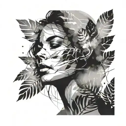 Abstract silhouette of a female face. jungle background with ink effect. double exposure illustration. Face of tattoo design idea