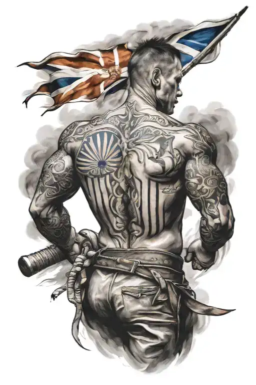 A full arm sleeve tattoo that incorporates muay thai, the dutch and Scottish flags, a campsite and a warrior tattoo design idea