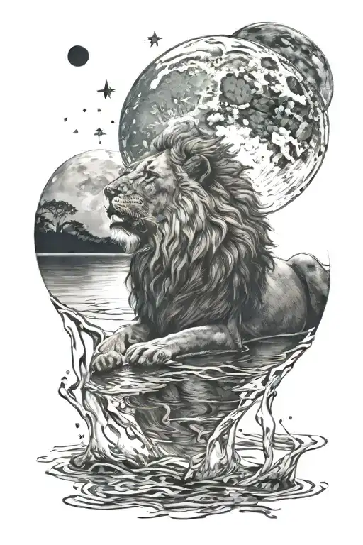 lion drinking water, moon reflecting in the water, Pisces constellation in the sky  tattoo design idea