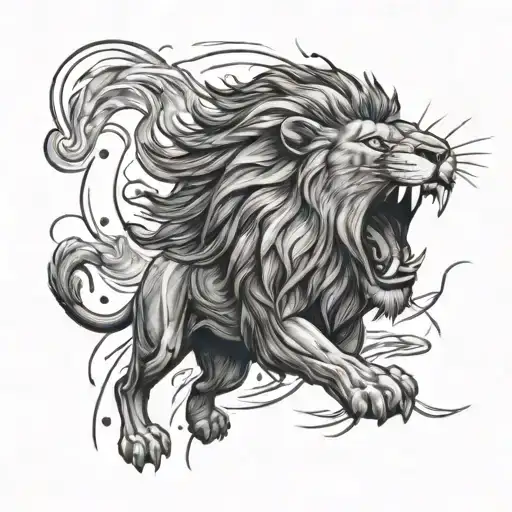 A lion roaring amidst lightning strikes and thunderstorms tattoo design idea