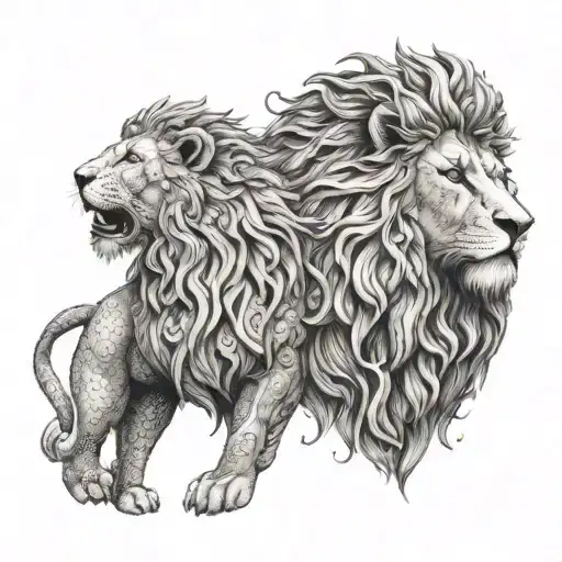 An intricate design of Aslan and Zeus standing side by side, representing courage and leadership tattoo design idea