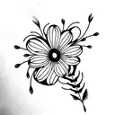 half butterfly half flowers using daisys, sweet pea flowers, and peacock feather tattoo design idea