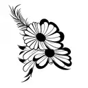 half butterfly half flowers using daisys, sweet pea flowers, and peacock feather tattoo design idea