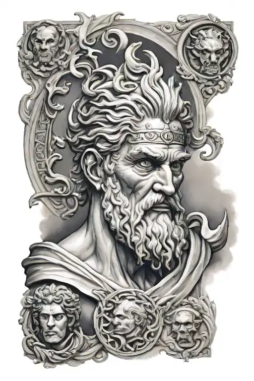 Greek Mythology Arm sleeve featuring Zeus Hades Medus  tattoo design idea