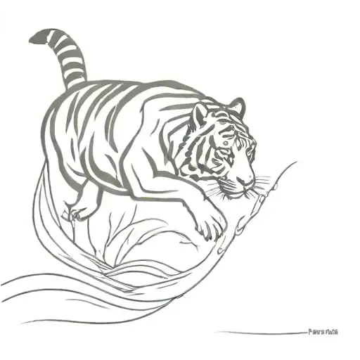 A minimalist tattoo of a tiger gracefully leaping over a flowing river in a natural setting tattoo design idea