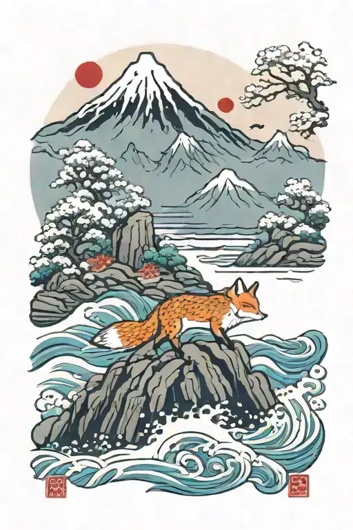 Snowy mountains and sea and a fox in Japan tattoo design idea