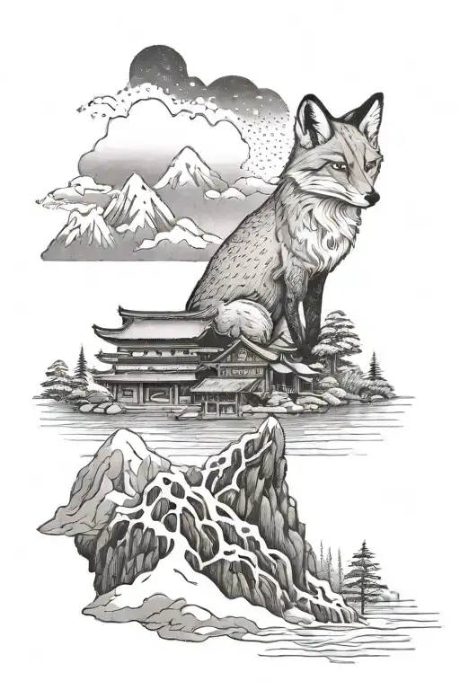 Snowy mountains and sea and a fox in Japan tattoo design idea