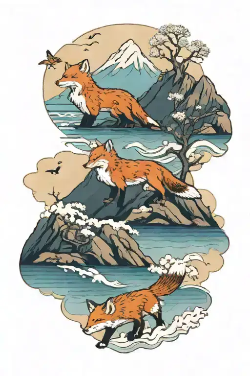 Snowy mountains and sea and a fox in Japan tattoo design idea