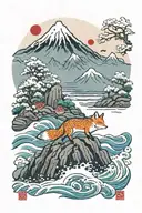 Snowy mountains and sea and a fox in Japan tattoo design idea