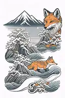 Snowy mountains and sea and a fox in Japan tattoo design idea