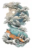 Snowy mountains and sea and a fox in Japan tattoo design idea