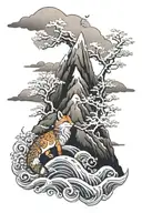 Snowy mountains and sea and a fox in Japan tattoo design idea