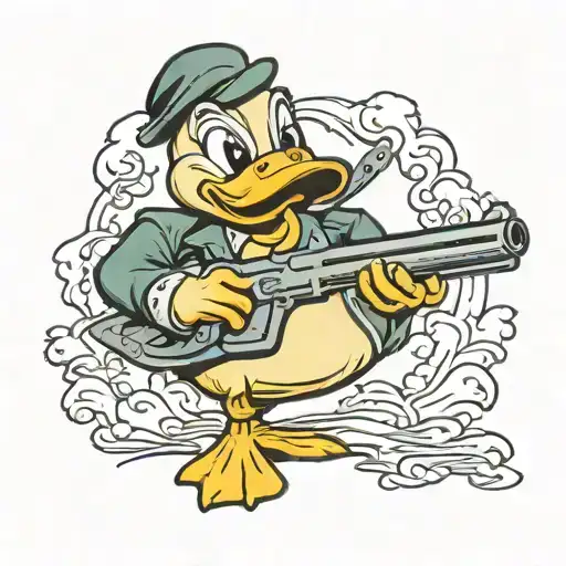 angry duck holding shotgun   tattoo design idea