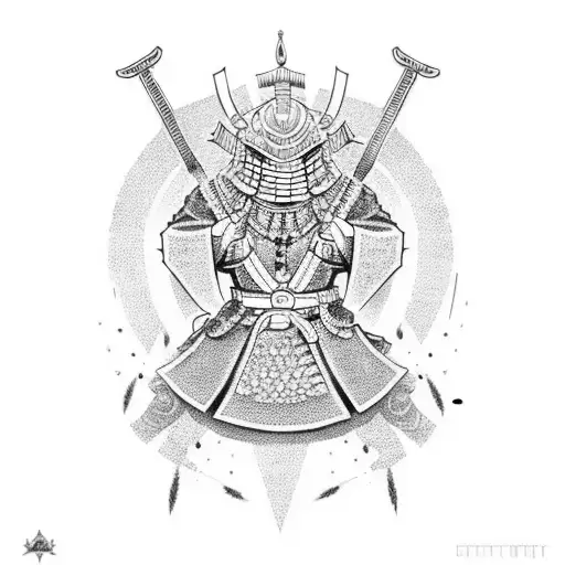 A dotwork illustration of a fashionable outfit inspired by samurai armor, with a sword as an accessory tattoo design idea