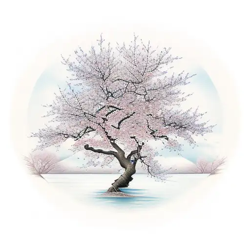 A serene waterfall surrounded by blooming cherry blossom trees tattoo design idea