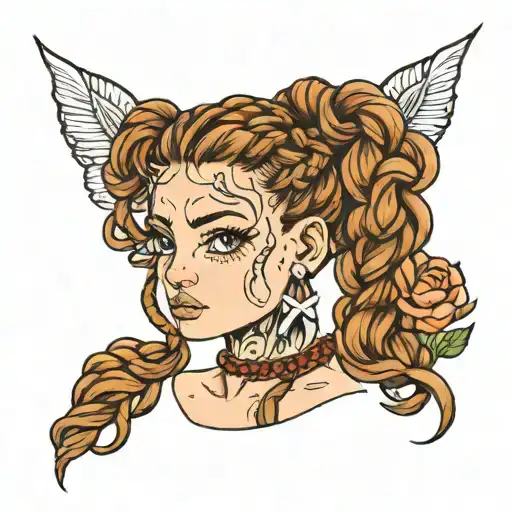 Cute girl with brown braids tattoo design idea