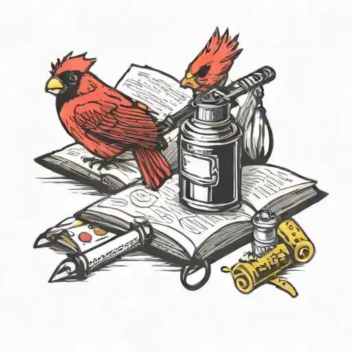 book with cardinal, pill bottle, flashlight, knife tattoo design idea
