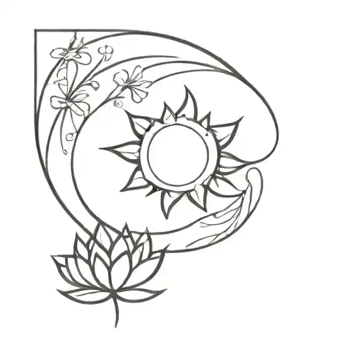 crescent moon, sun with rays and lotus flower tattoo design idea