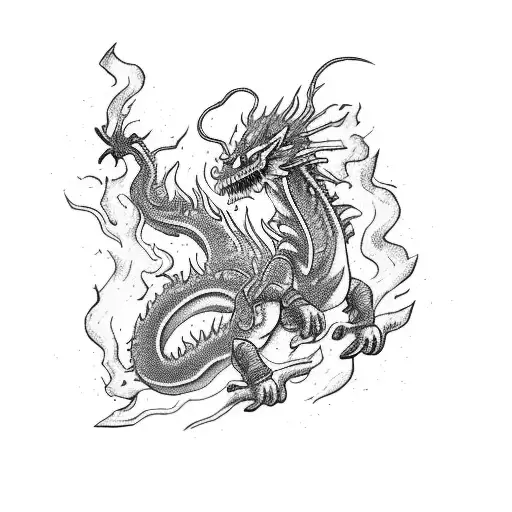 Mauy Thai fighter battling a fire dragon on a Harley Davidson motorcycle tattoo design idea