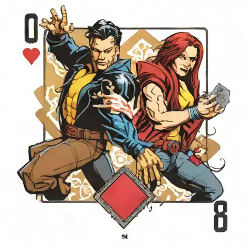 the x-men fambit holding out 2 charged playing cards. one playing card is the number 8 and the other card is 11 tattoo design idea