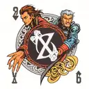 the x-men fambit holding out 2 charged playing cards. one playing card is the number 8 and the other card is 11 tattoo design idea