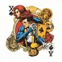 the x-men fambit holding out 2 charged playing cards. one playing card is the number 8 and the other card is 11 tattoo design idea