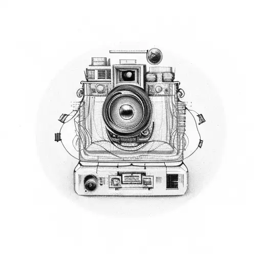 A vintage camera surrounded by circuit board patterns, capturing the essence of a technologically inclined traveler. tattoo design idea