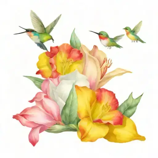  magnolia, Oklahoma rose, daffodils, hydrangeas, and lily's with a hummingbird  tattoo design idea