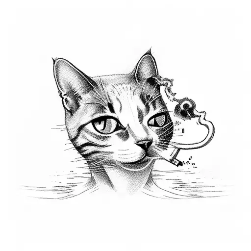 cat smoking a cigarette flying a UFO tattoo design idea