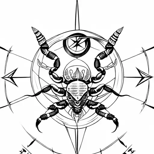 scorpion with open claws, wind rose, compass, with ntribal elements, hd tattoo design idea