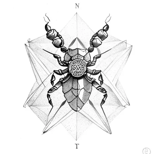 scorpion with open claws, wind rose, compass, black and white tattoo design idea