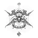 scorpion with open claws, wind rose, compass, black and white, dotwork tattoo design idea