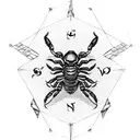 scorpion with open claws, wind rose, compass, black and white, dotwork tattoo design idea