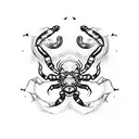 scorpion with open claws, wind rose, compass, black and white, dotwork tattoo design idea