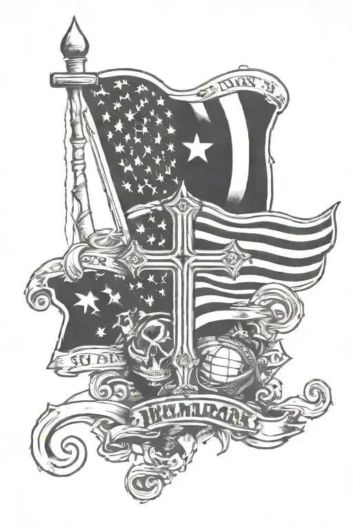 remembrance marine tattos with cross and American flag  tattoo design idea