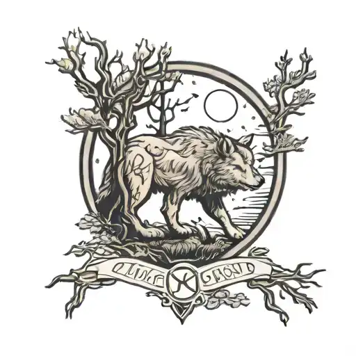 forest, wolf moon, viking runes,   tattoo design idea