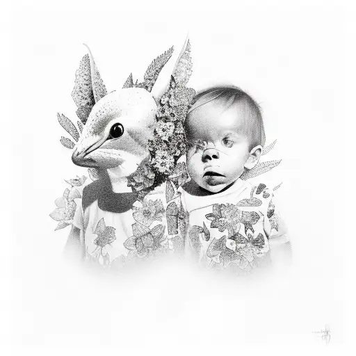 A realistic portrait of your two children surrounded by vibrant flowers and hummingbirds tattoo design idea