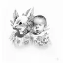 A realistic portrait of your two children surrounded by vibrant flowers and hummingbirds tattoo design idea