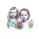 A realistic portrait of your two children surrounded by vibrant flowers and hummingbirds tattoo design idea
