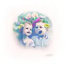 A realistic portrait of your two children surrounded by vibrant flowers and hummingbirds tattoo design idea