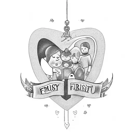 Design a tattoo that combines the phrase 'Family First' in a unique lettering style with a beautiful ornaments backgroun tattoo design idea