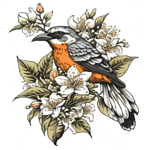 orange blossom with an oriele bird flying tattoo design idea